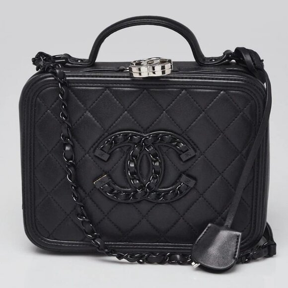 Chanel Black Quilted Lambskin Leather So Black Chain Around Filigree Vanity C... - Picture 1 of 12